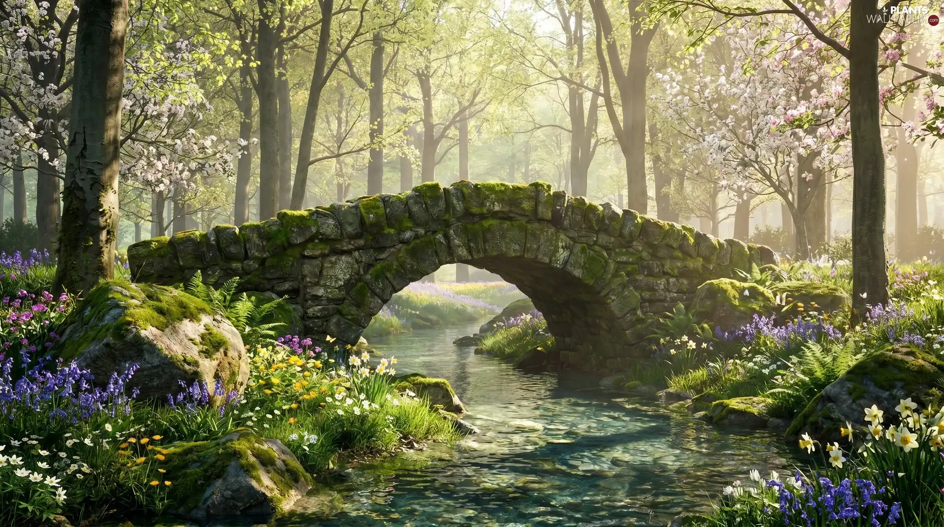 trees, Spring, flux, bridge, viewes, Flowers