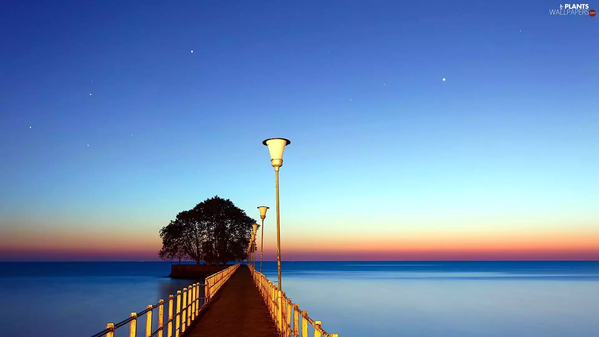 viewes, bridge, Islet, trees, lake