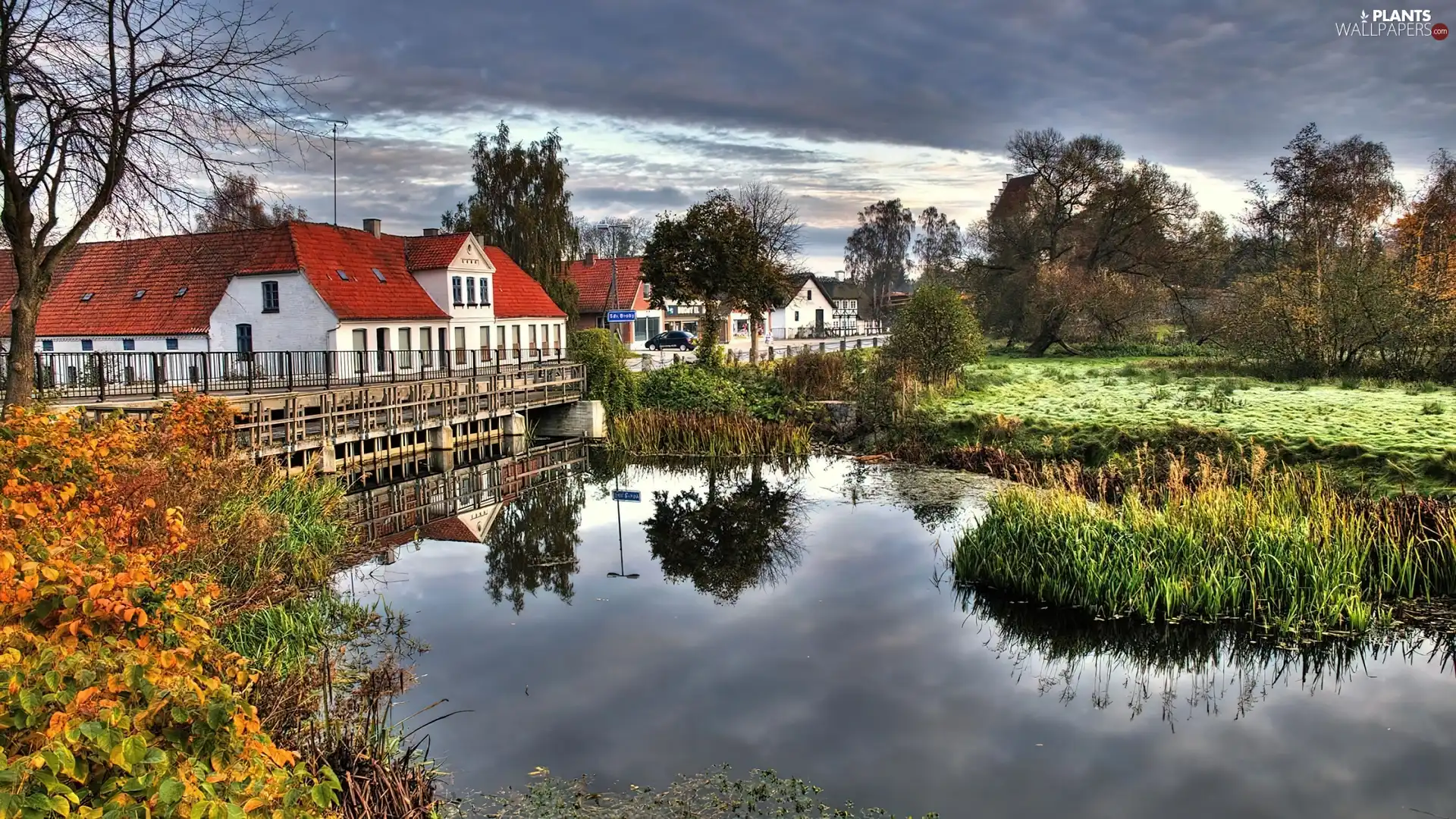 bridge, reflection, Sky, Houses, cloudy