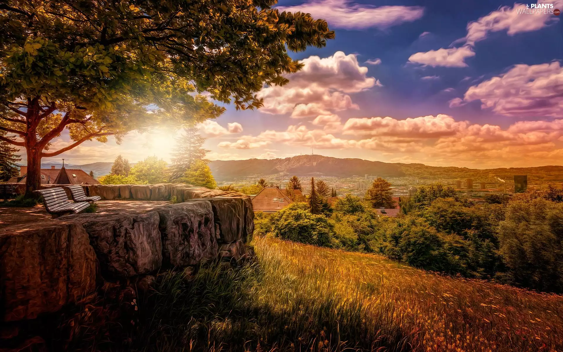 Town, buildings, rays, sun, Mountains