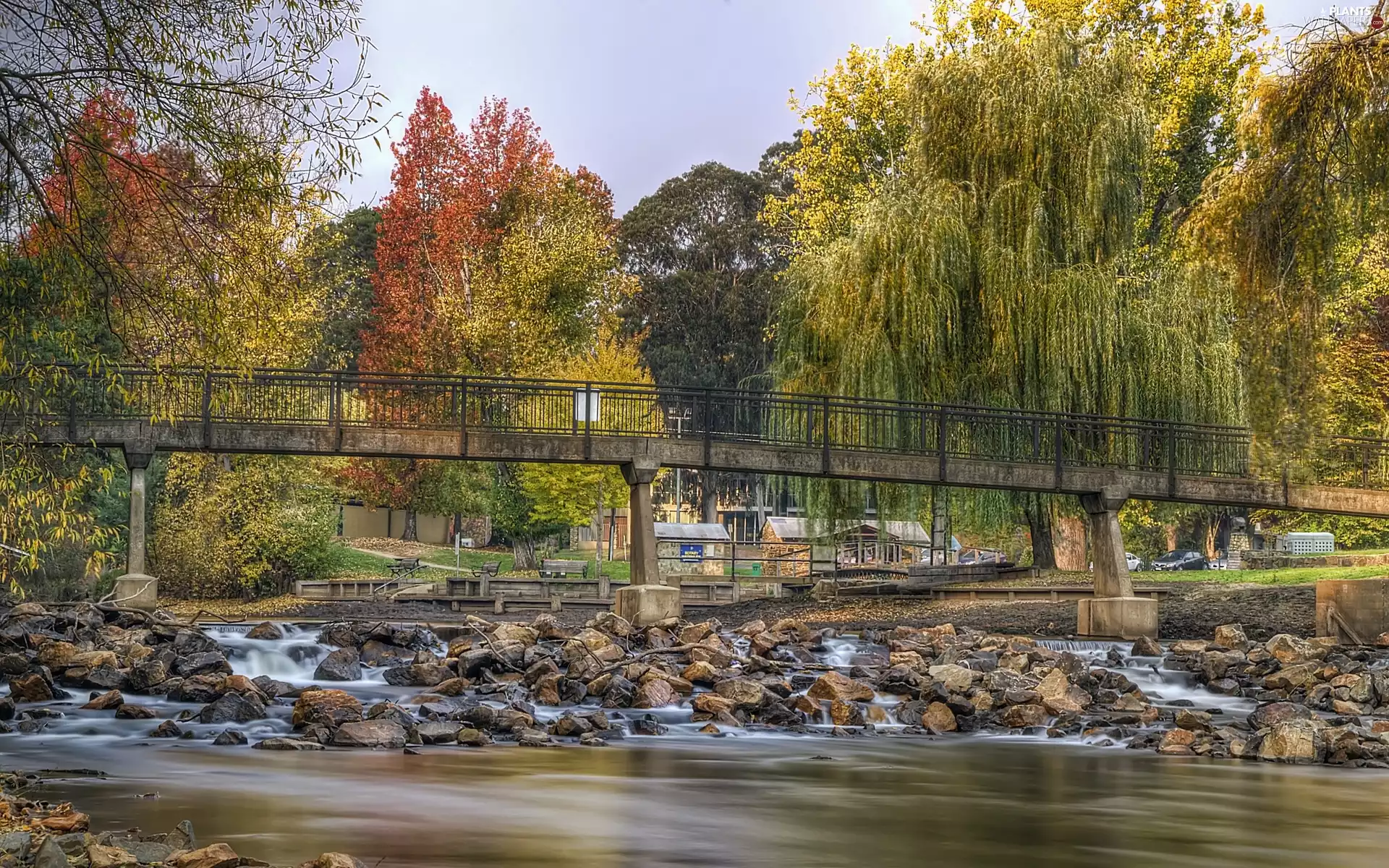 bridge, River, viewes, buildings, trees, Stones