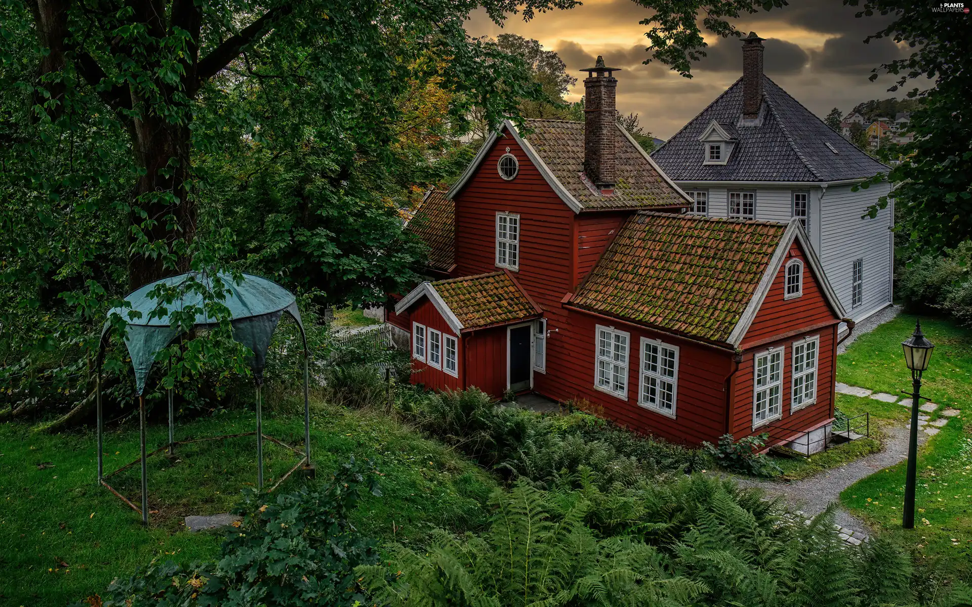 Lighthouse, wood, viewes, Bush, trees, Houses