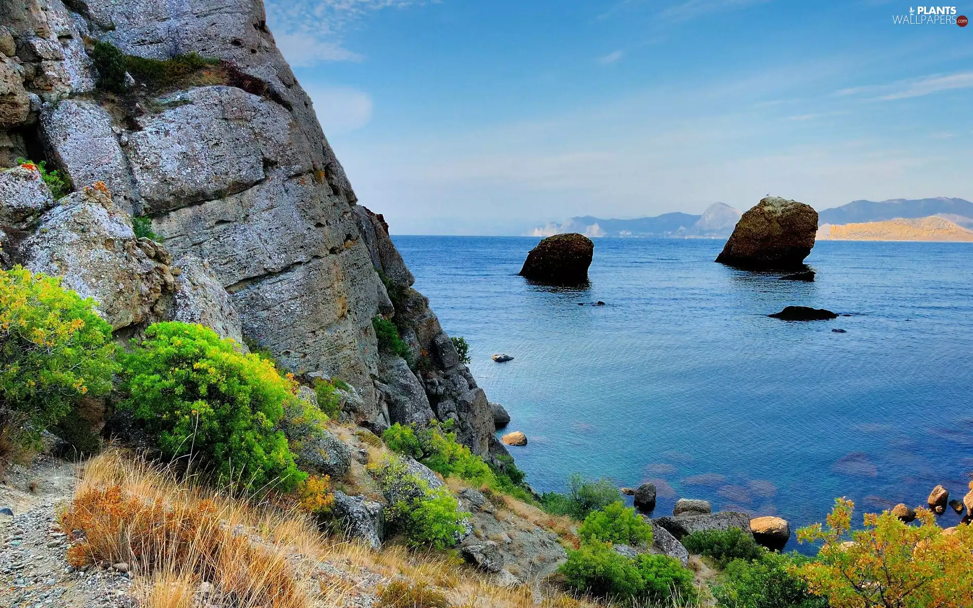 Beaches, Crimea, rocks, Bush, Mountains, sea