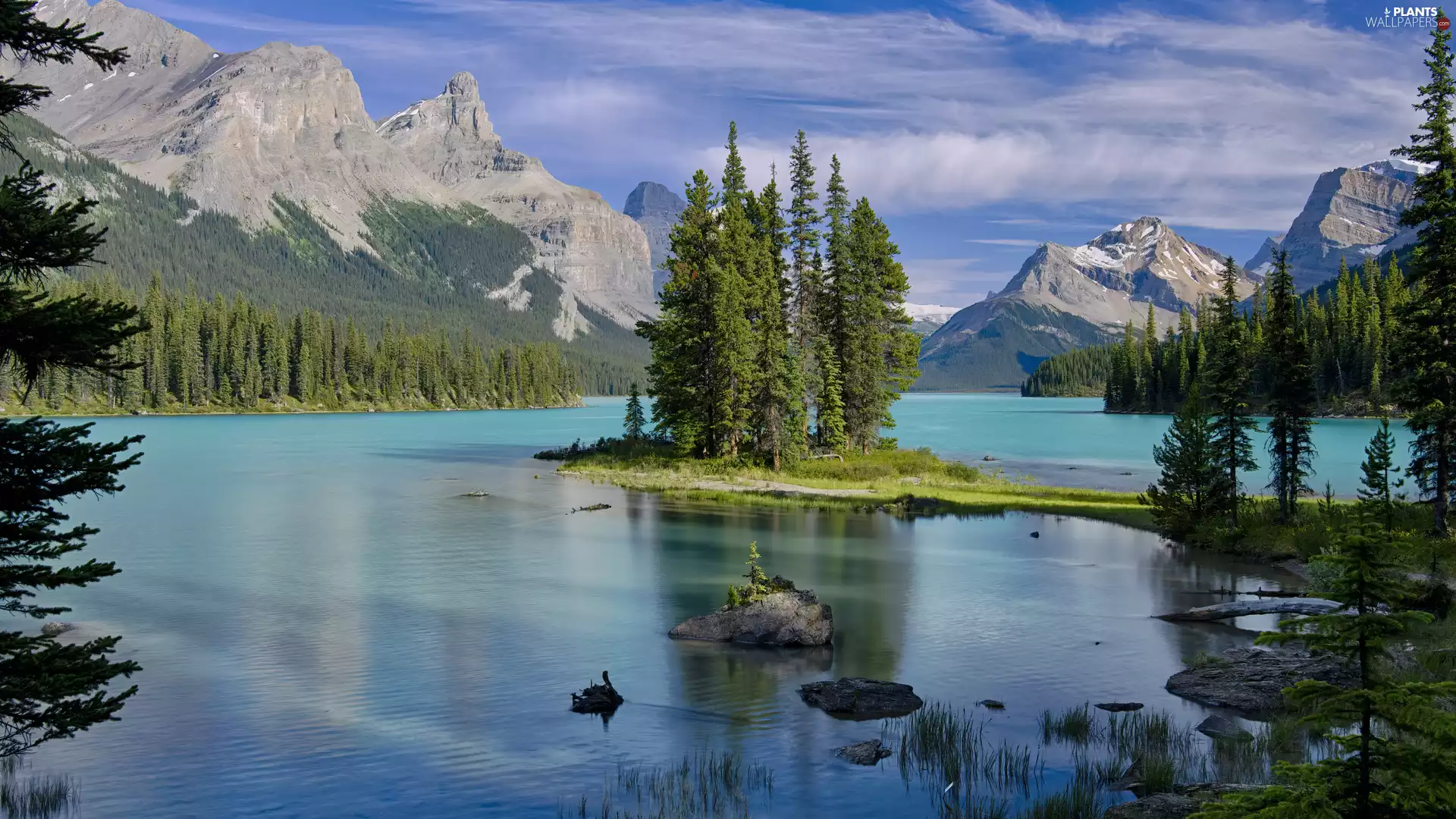 Maligne Lake, trees, Canada, viewes, Province of Alberta, Mountains, Jasper National Park, clouds