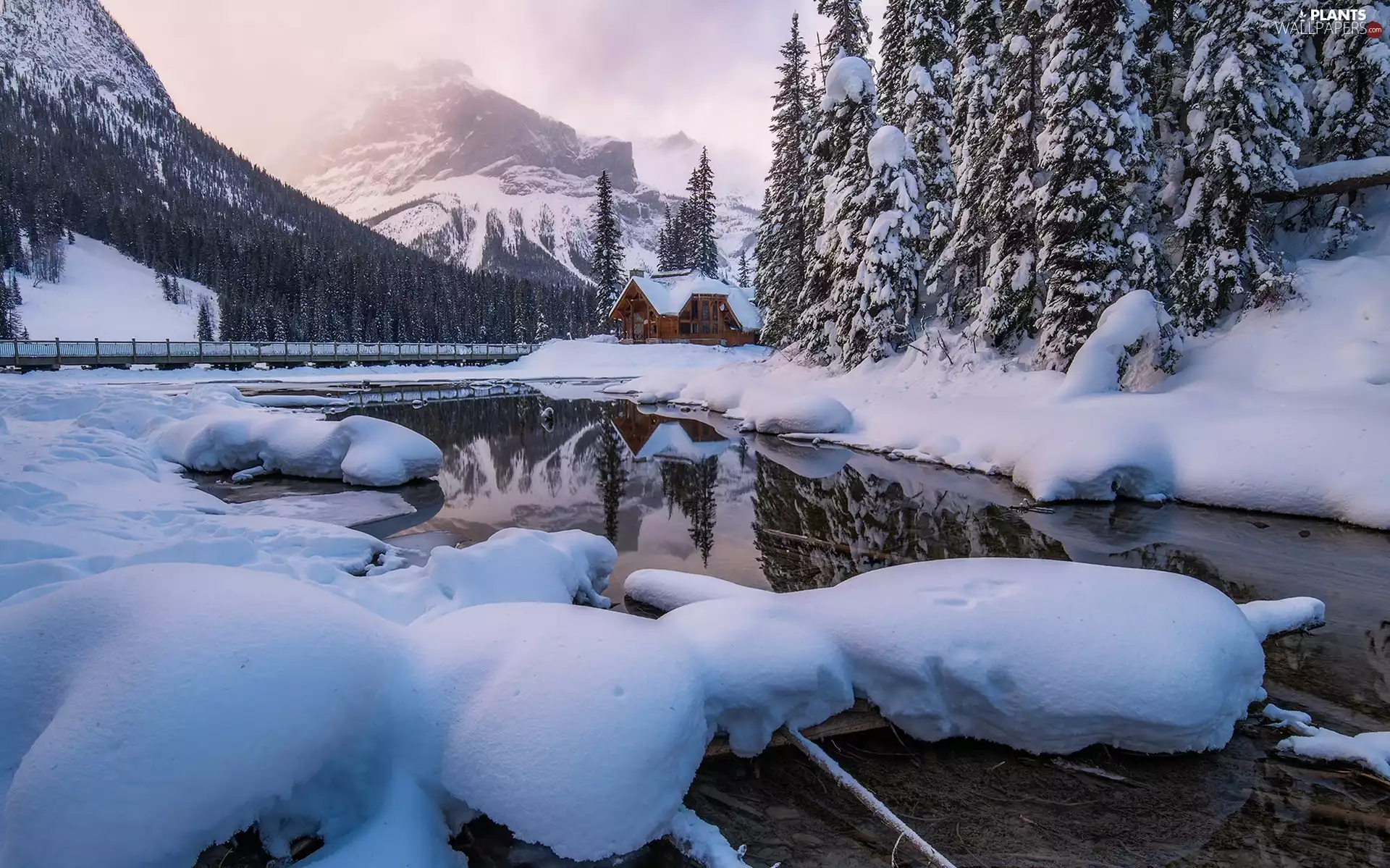 trees, lake, house, Canada, bridge, Yoho National Park, Emerald Lake, winter, viewes, Mountains