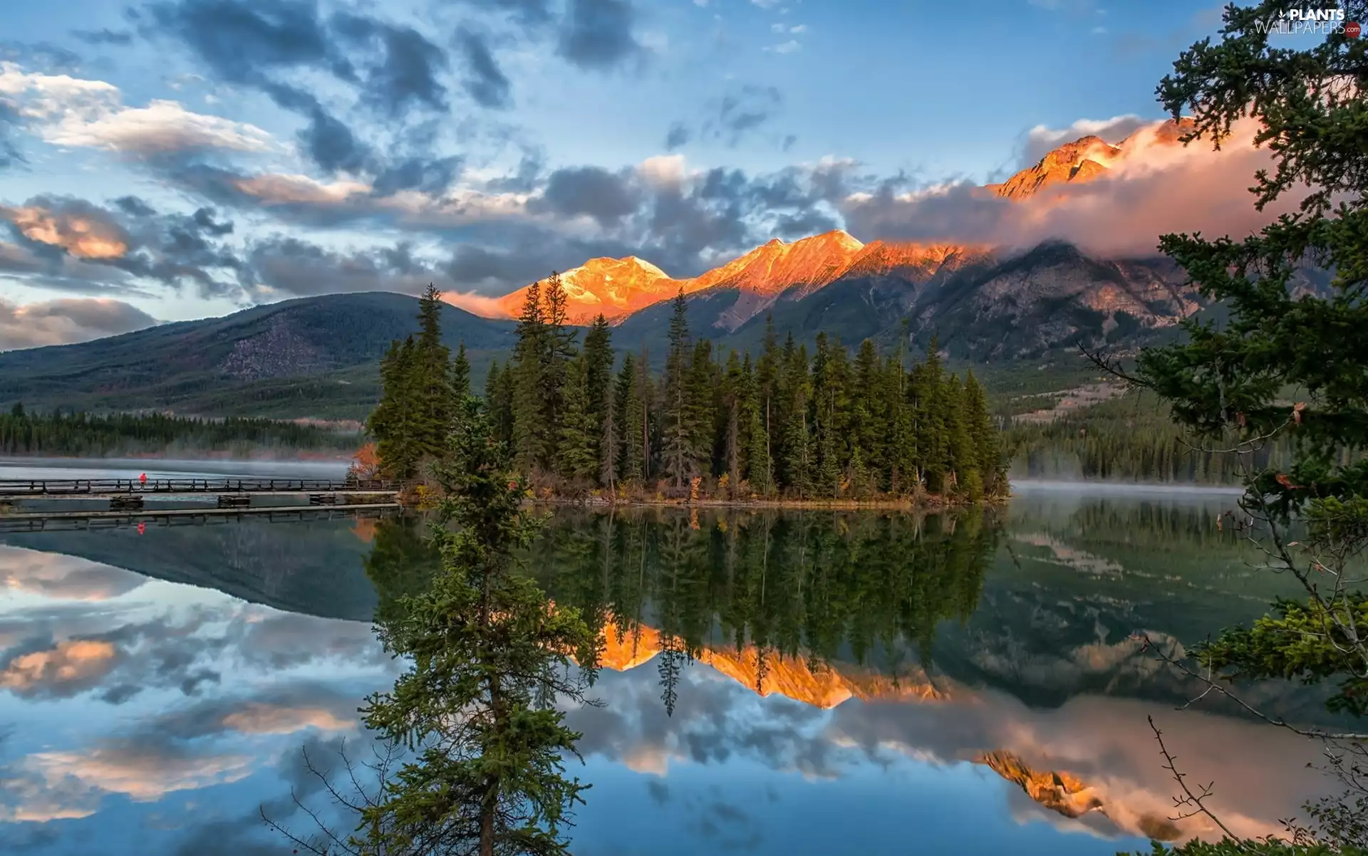 bridge, Jasper National Park, Mountains, viewes, Pyramid Lake, Canada, Pyramid Island, reflection, trees, clouds
