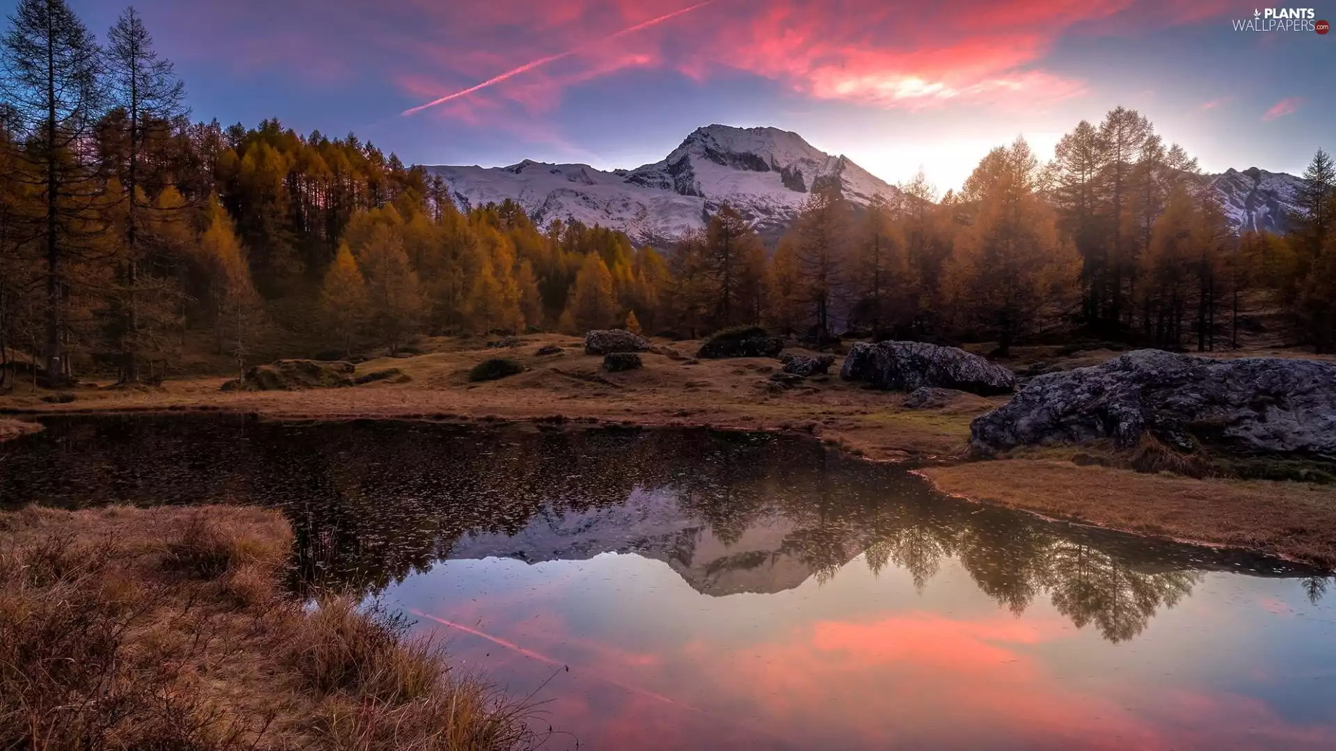 trees, Mountains, autumn, Great Sunsets, viewes, Pond - car