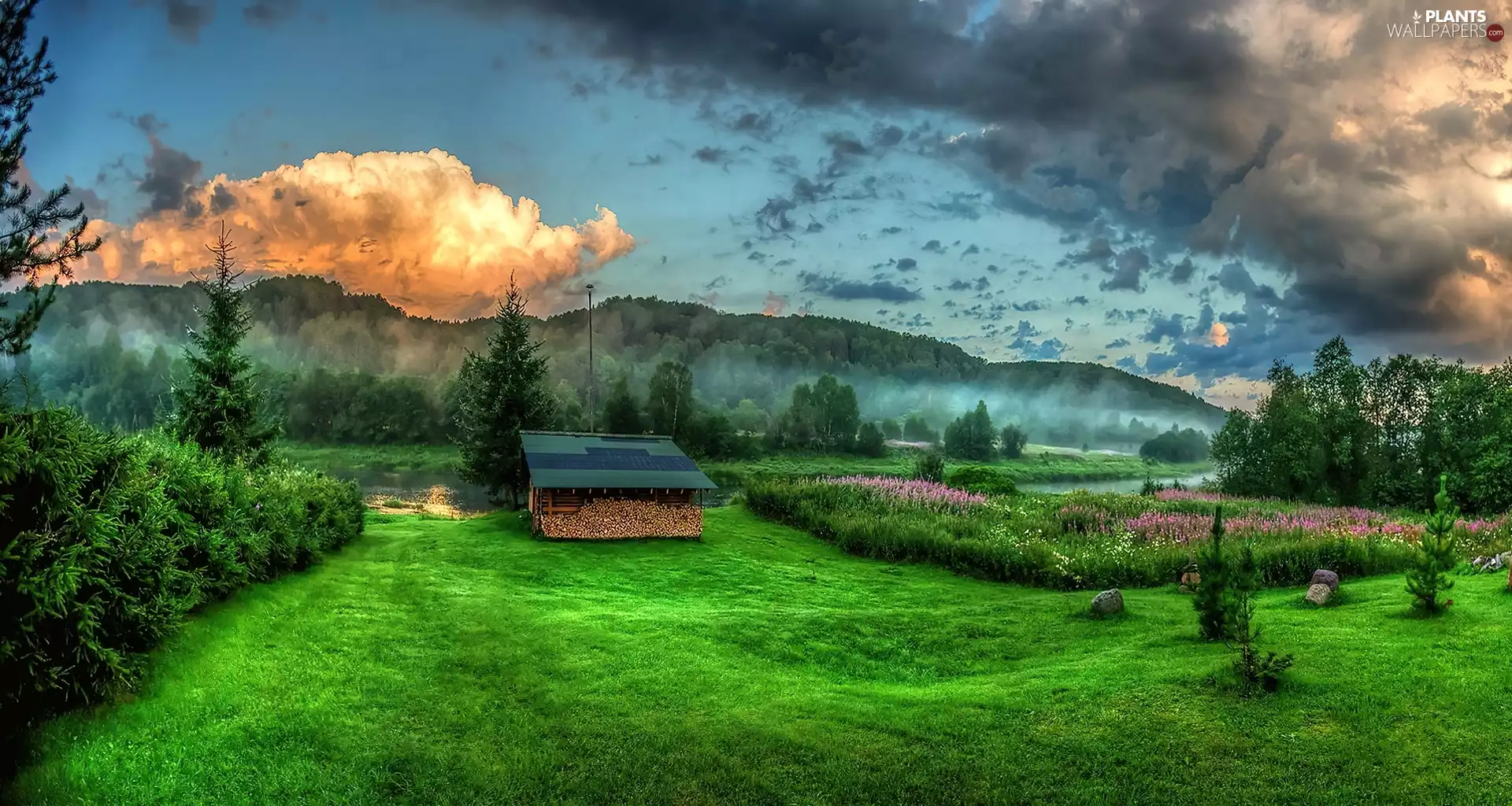 Cottage, Mountains, clouds, car in the meadow