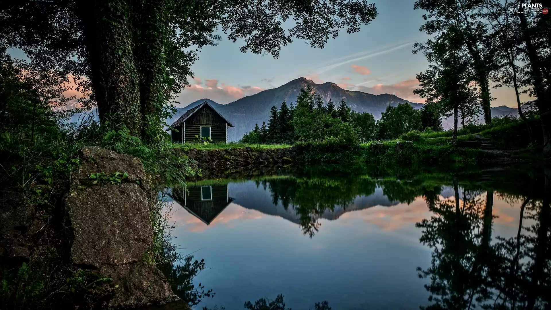 trees, Mountains, Pond - car, Stone, viewes, Home
