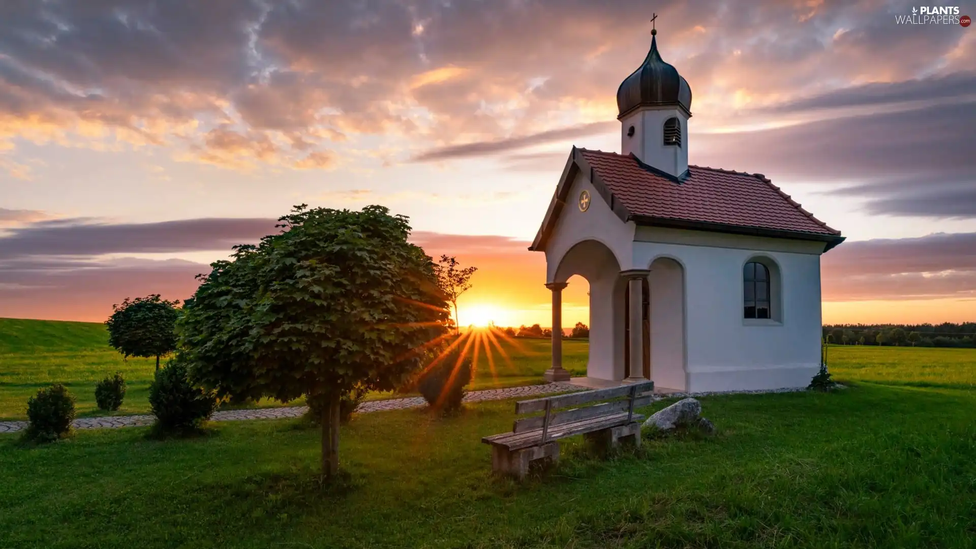 viewes, rays of the Sun, Bench, trees, chapel