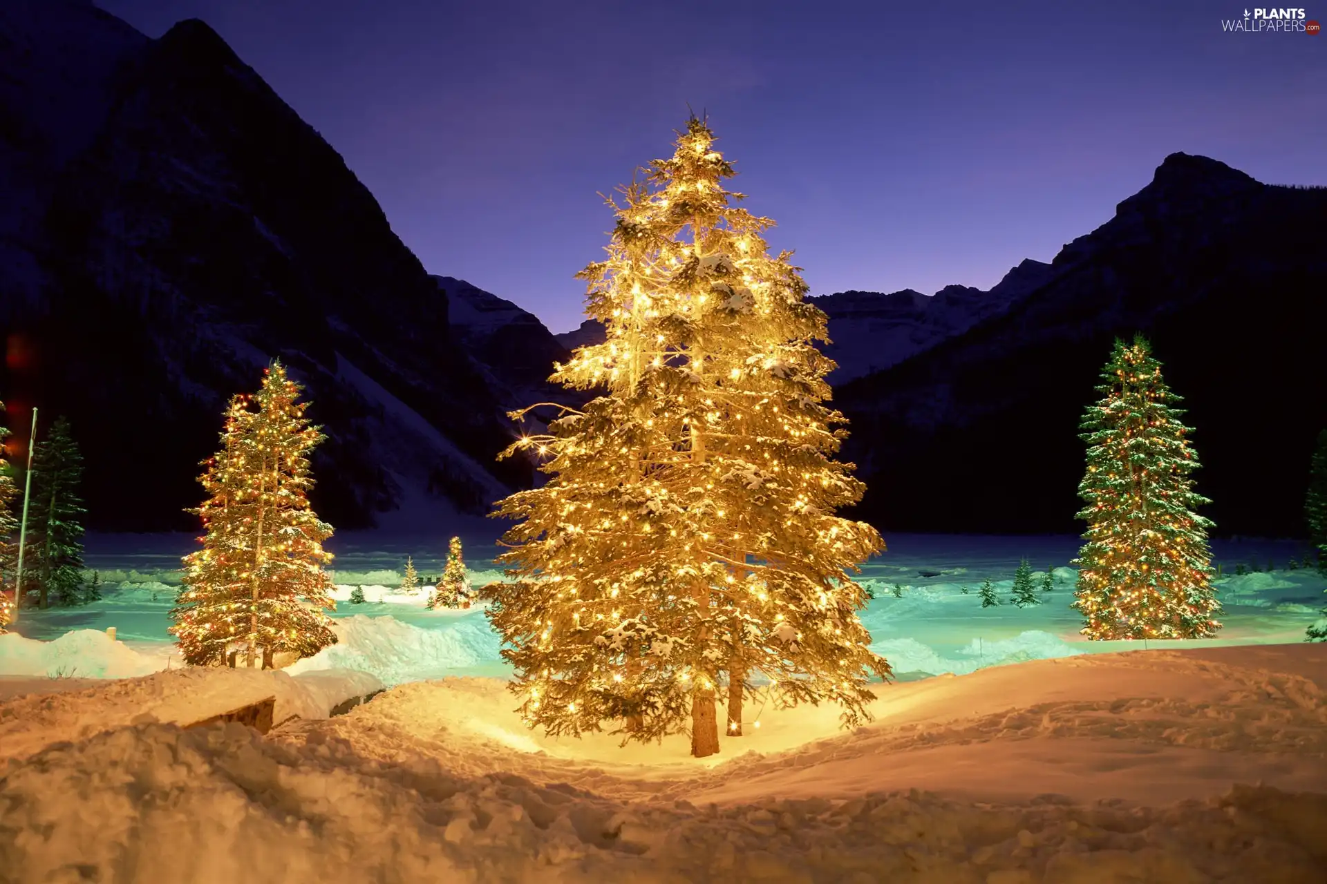 winter, illuminated, Christmas, Mountains