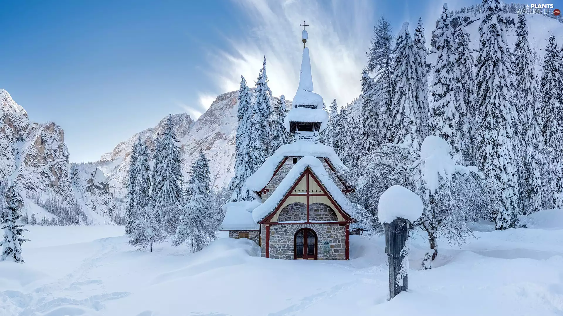 Snowy, Mountains, viewes, Church, winter, trees, Italy