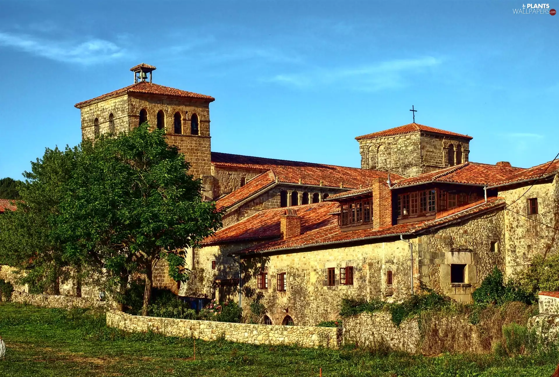 trees, Church, grass, Santillana del Mar, viewes, cloister
