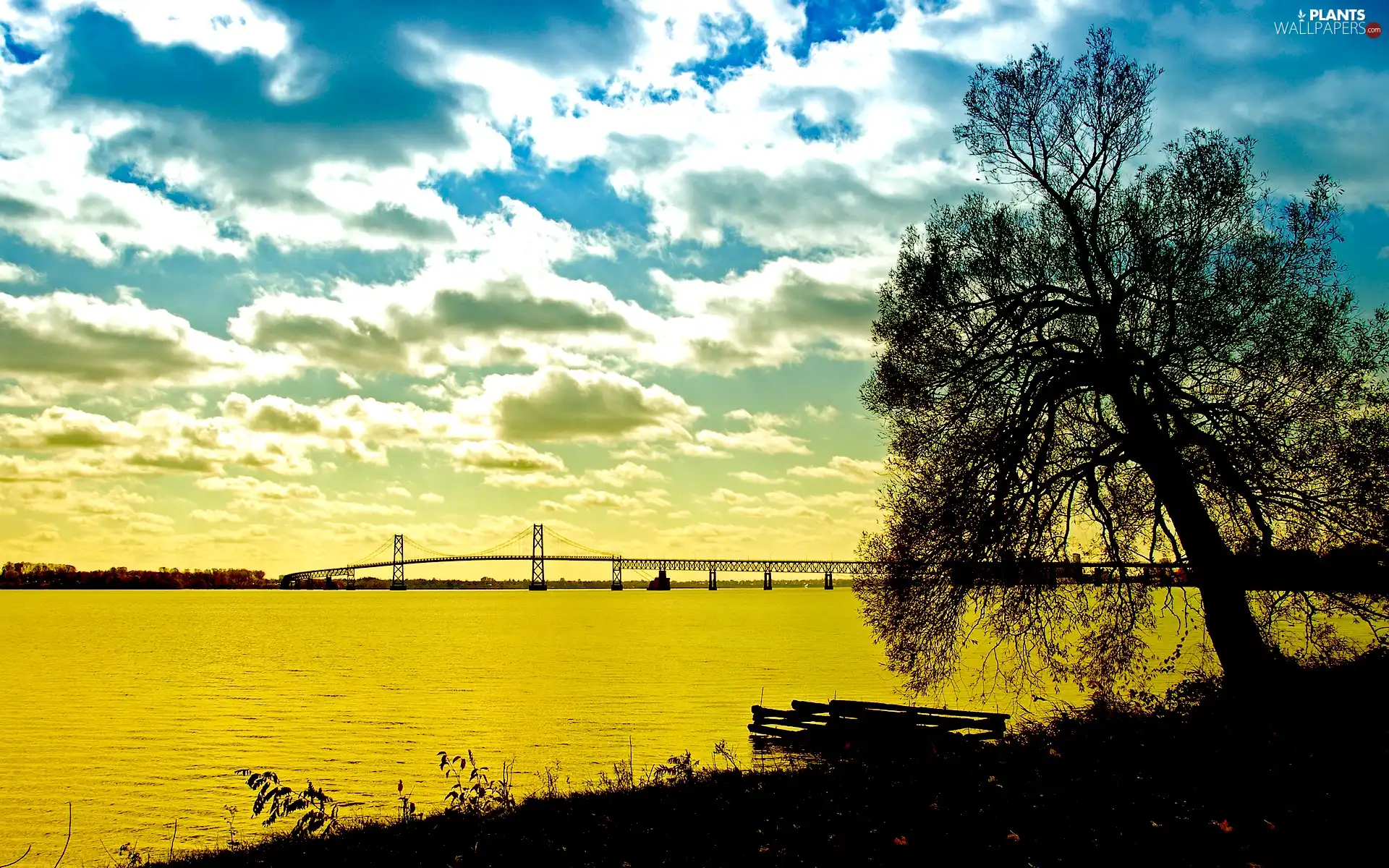 clouds, River, bridge