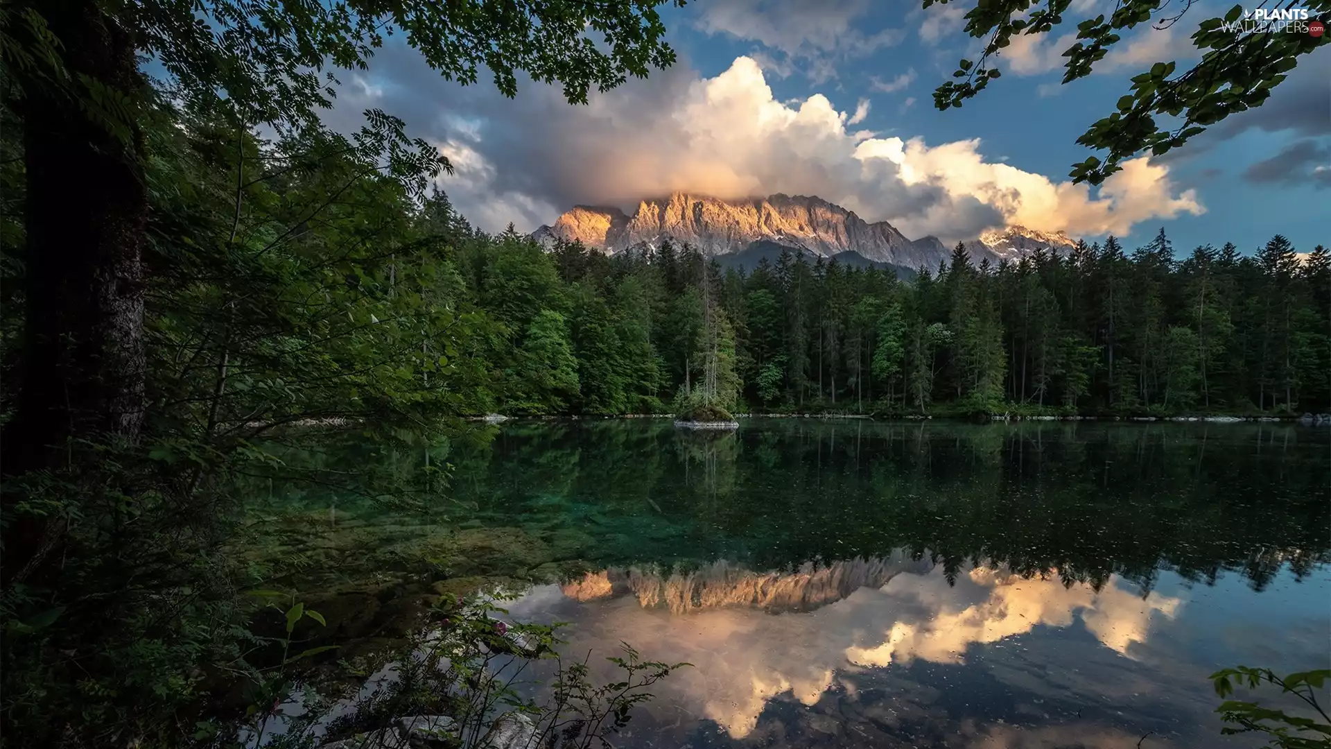 lake, Mountains, viewes, clouds, trees, forest