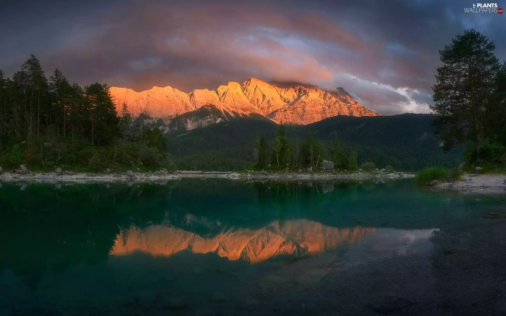 forest, trees, Germany, viewes, reflection, lake, Mountains, clouds