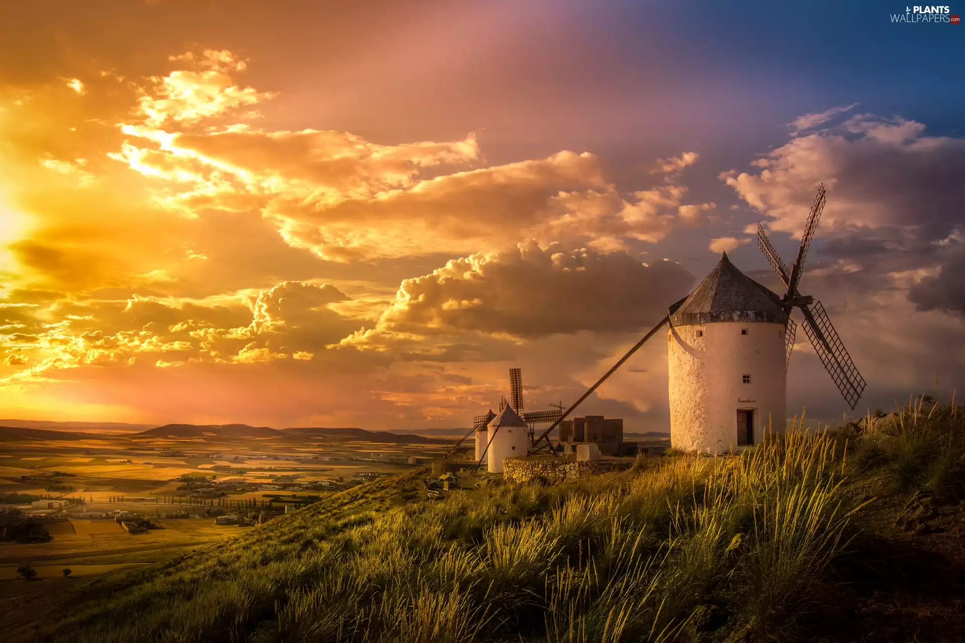 clouds, Windmills, grass