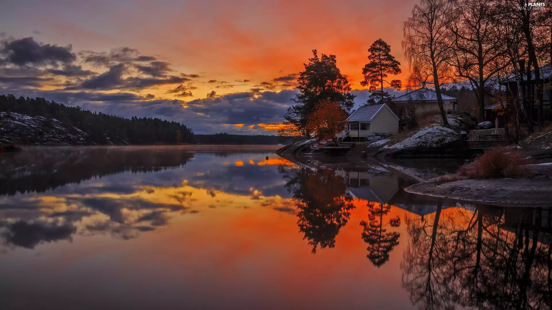 clouds, house, reflection, Boat, viewes, lake, Great Sunsets, trees