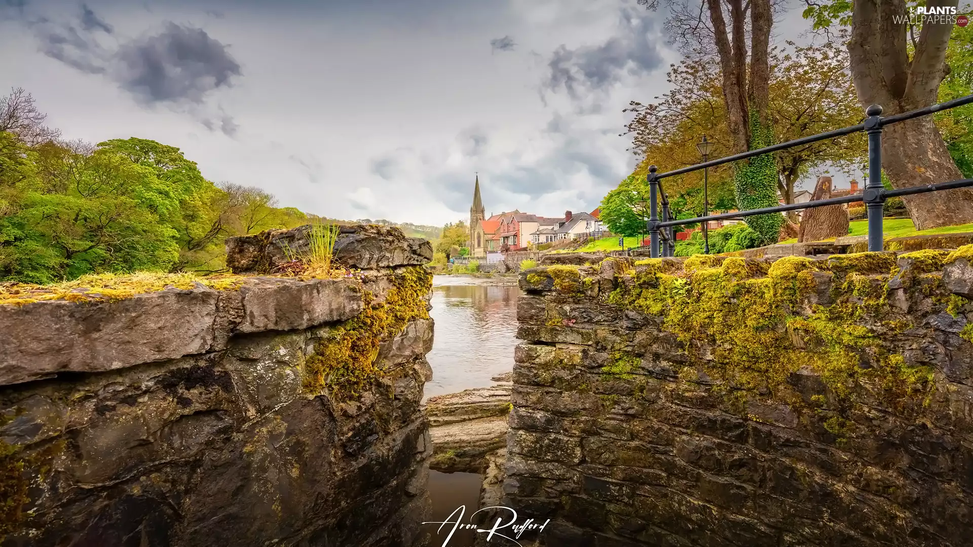 wall, rocks, viewes, clouds, trees, Houses