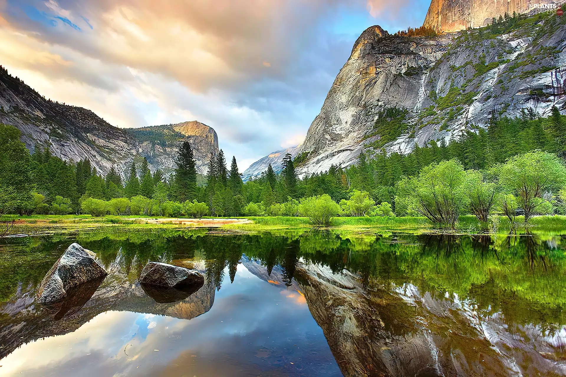 viewes, clouds, lake, trees, Mountains