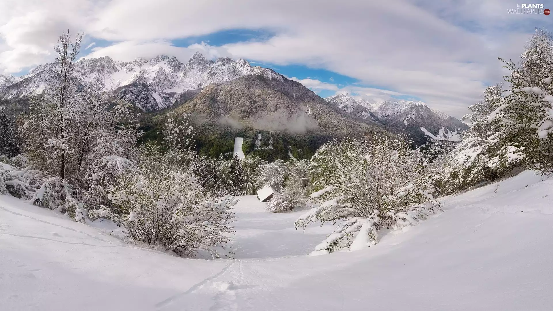 trees, winter, house, clouds, viewes, Mountains