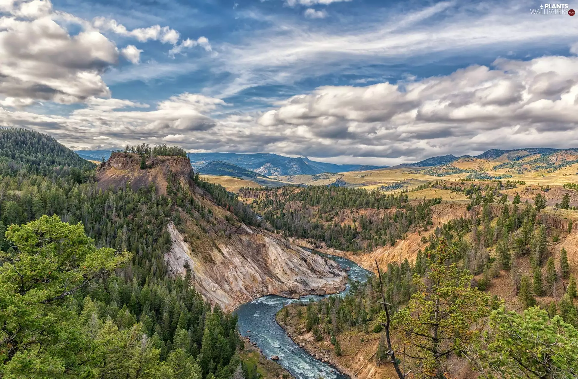 rocks, River, viewes, clouds, trees, Mountains
