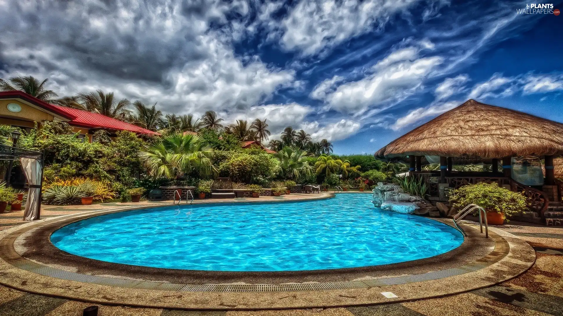 Pool, Palms, clouds, pavilion