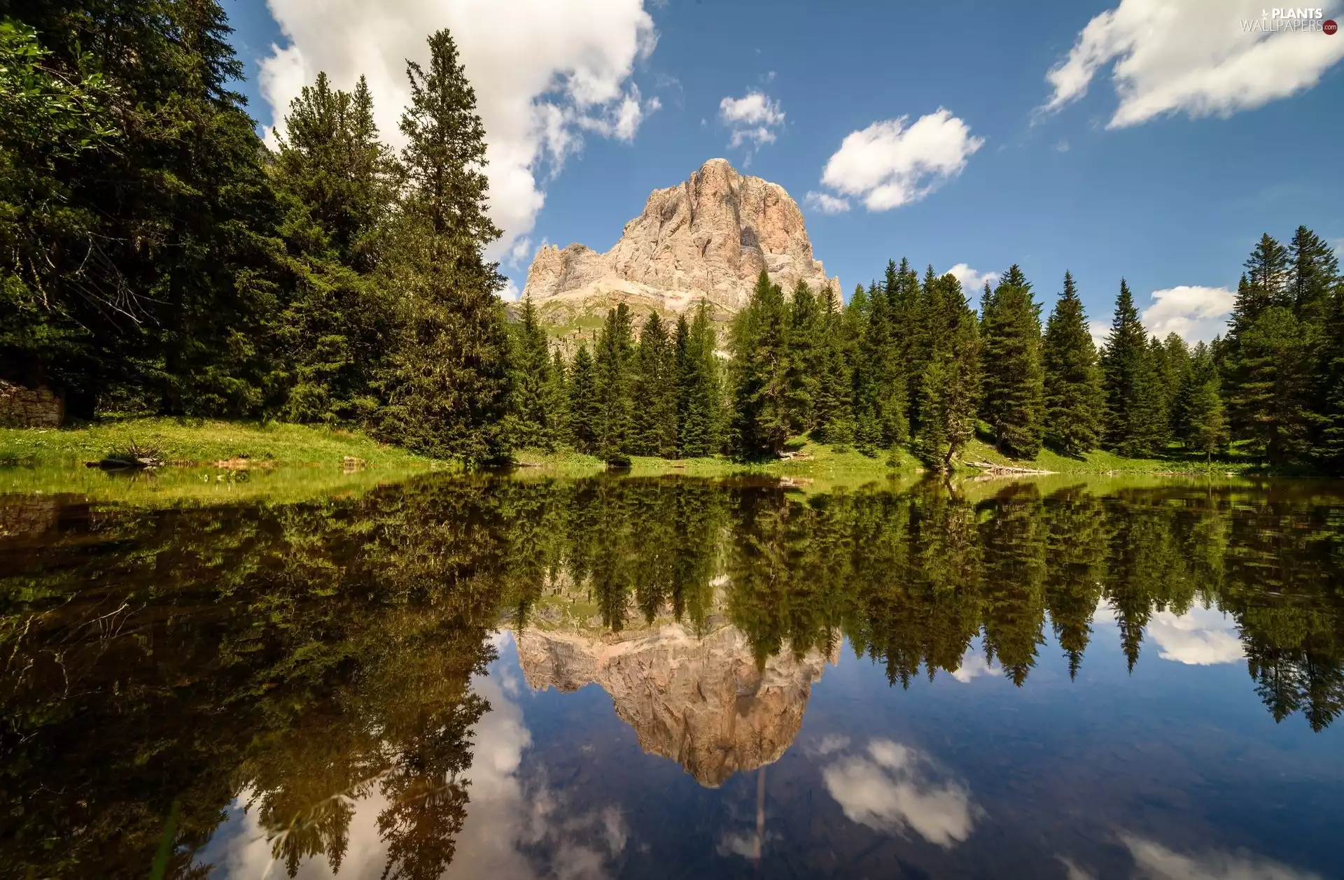 Mountains, lake, viewes, clouds, trees, reflection