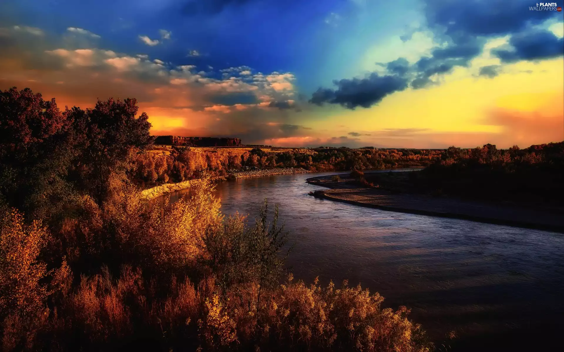 viewes, clouds, River, trees, autumn