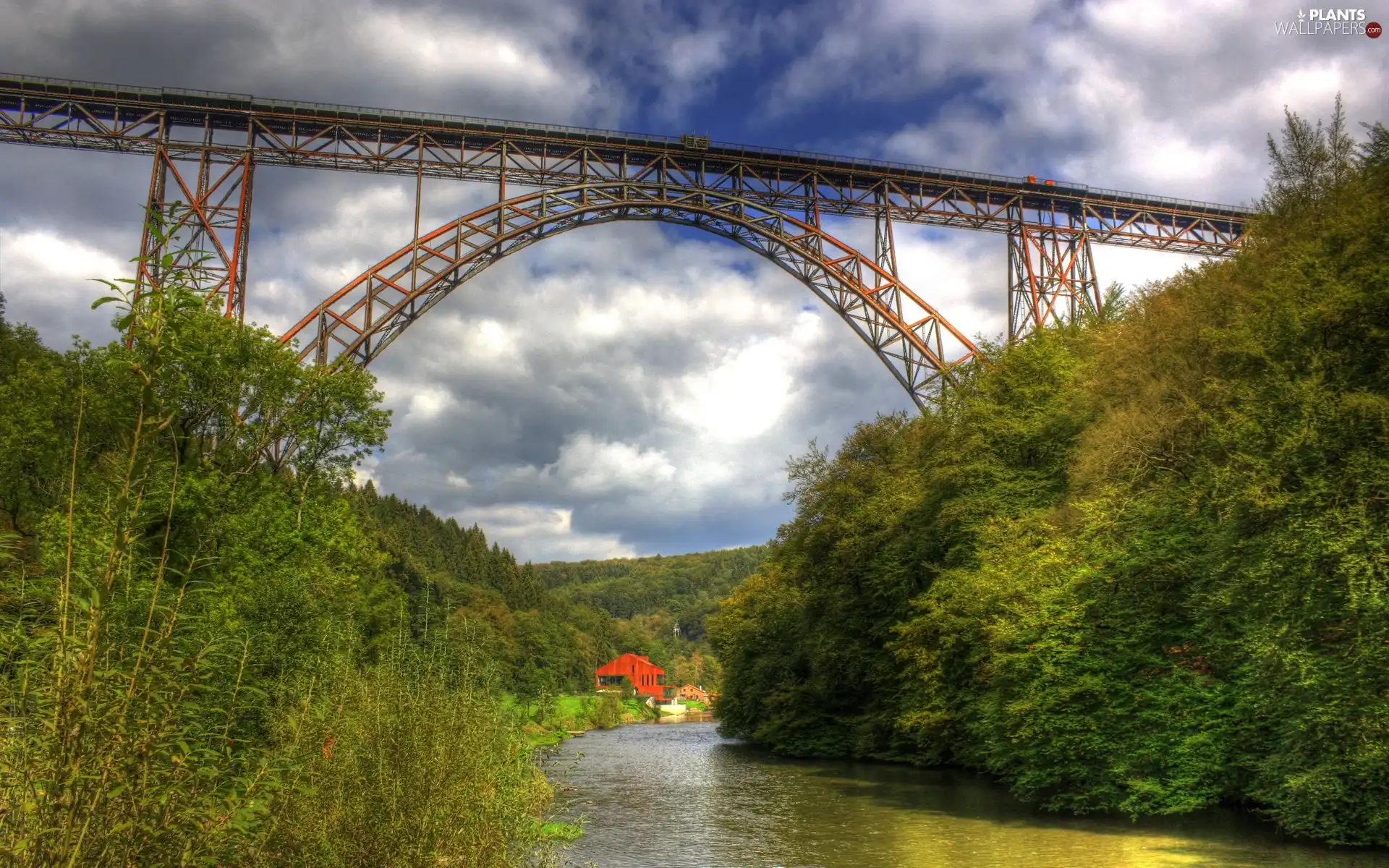 River, green, clouds, bridge