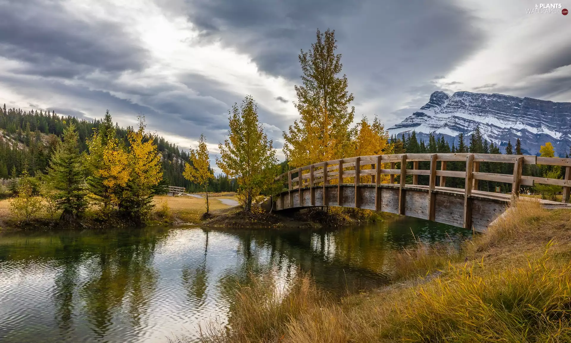 bridges, Mountains, viewes, clouds, trees, River