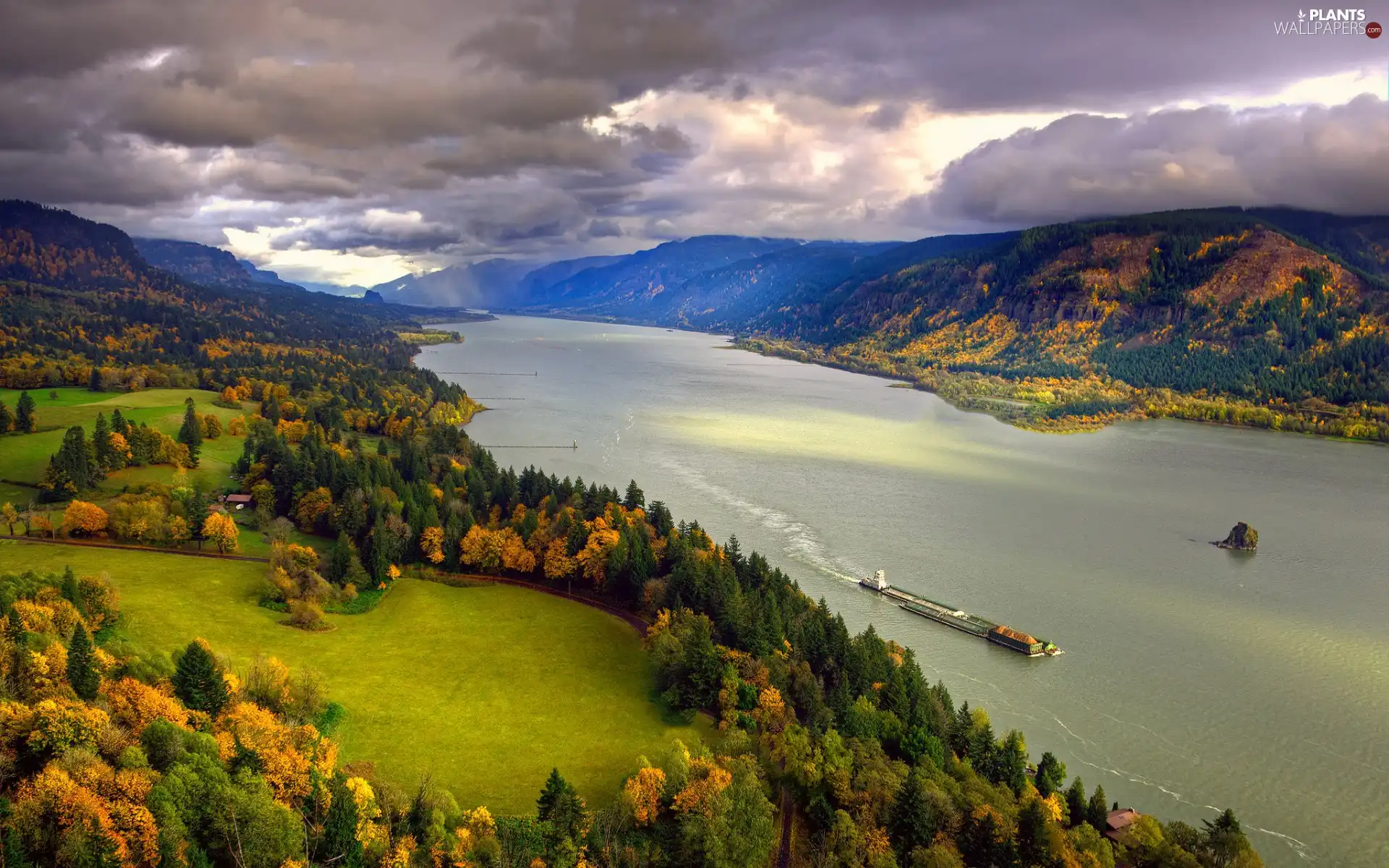 River, woods, clouds, Mountains