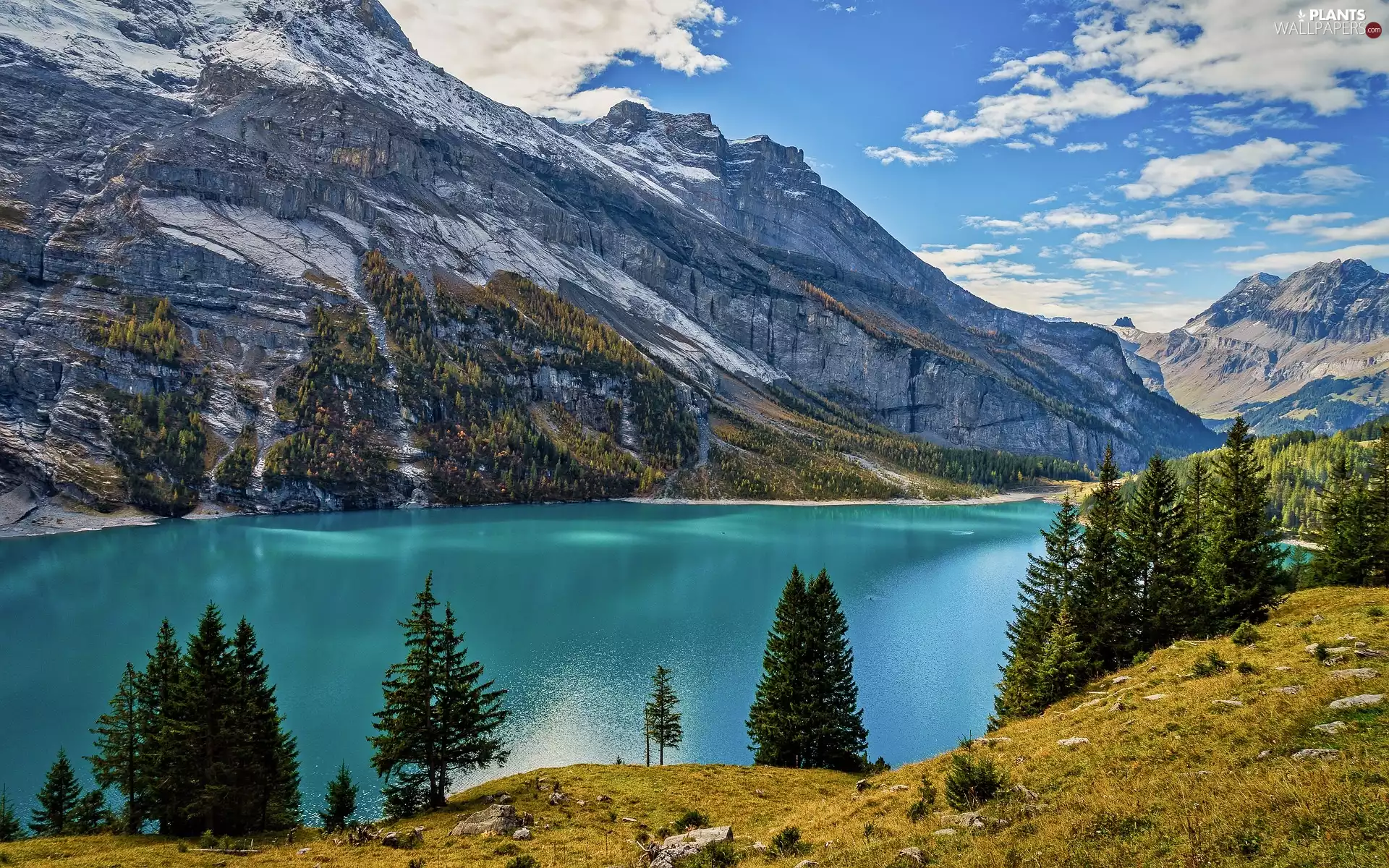 Mountains, lake, viewes, clouds, trees, Rocky