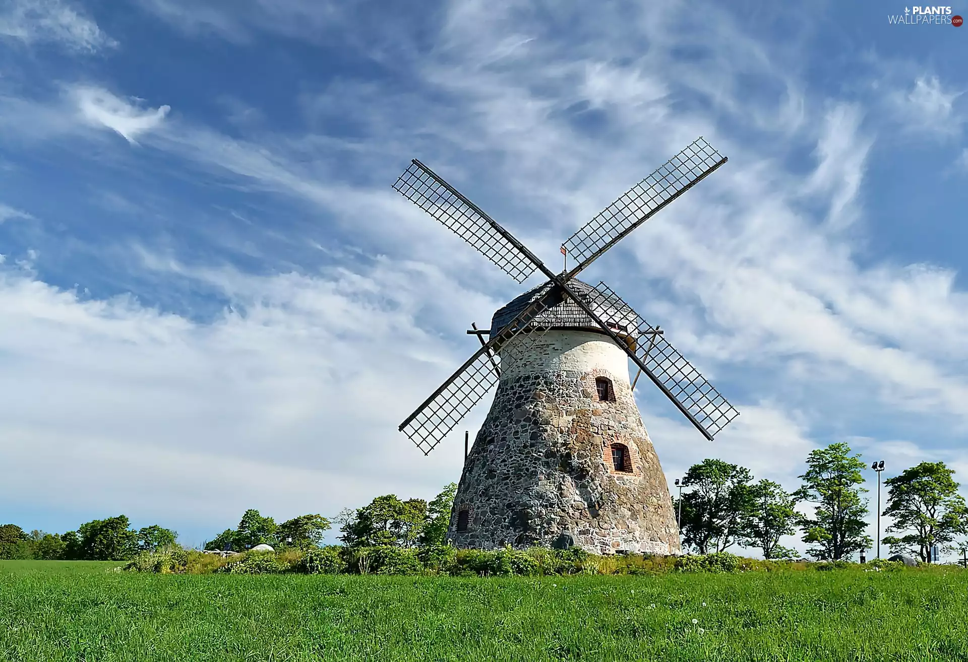 Windmill, Meadow, viewes, clouds, trees, stone