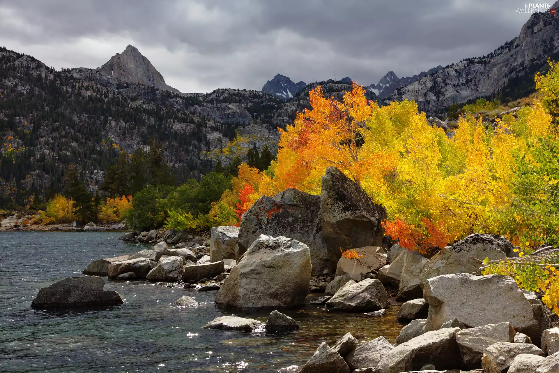 trees, viewes, Stones, Mountains, lake, Sky, autumn, clouds