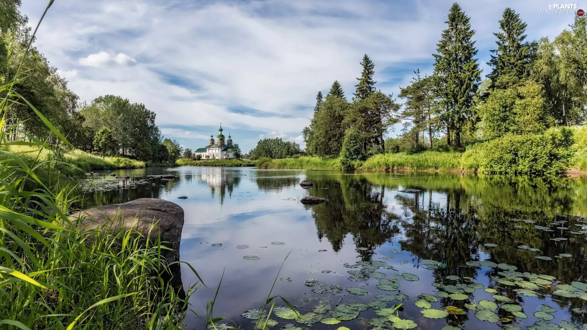 viewes, River, Cerkiew, clouds, Bush, trees