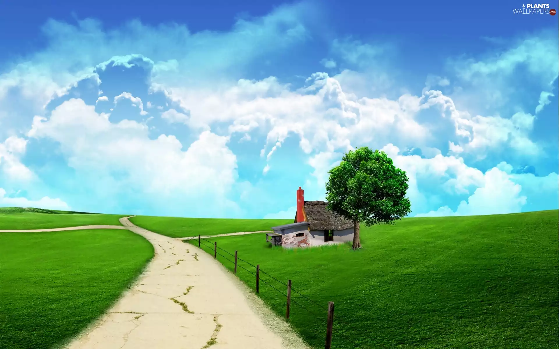 roads, clouds, trees, medows, hut