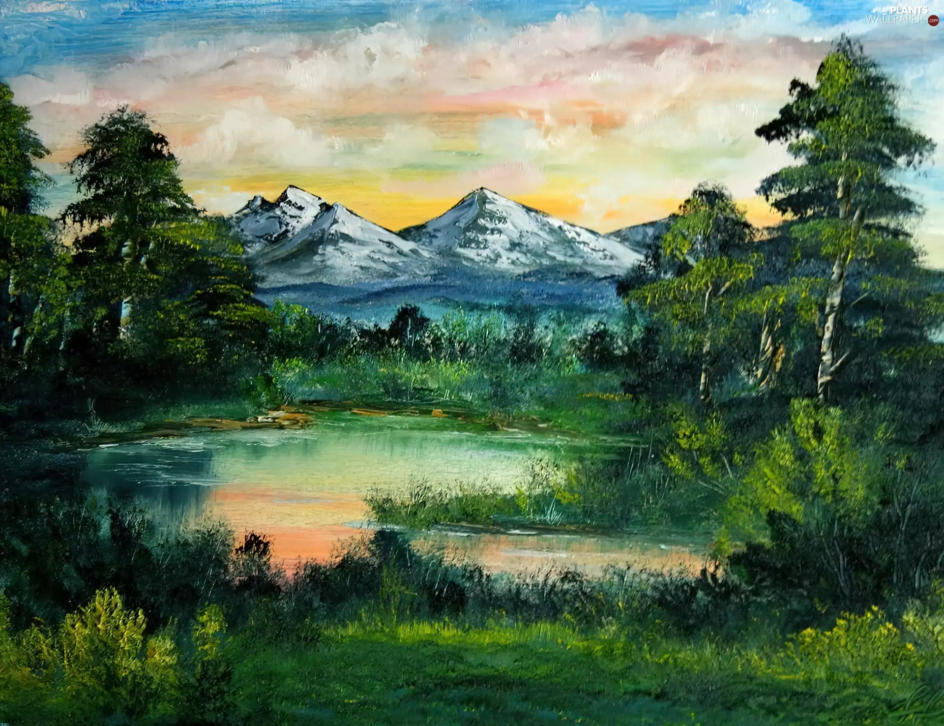 Mountains, clouds, trees, viewes, lake