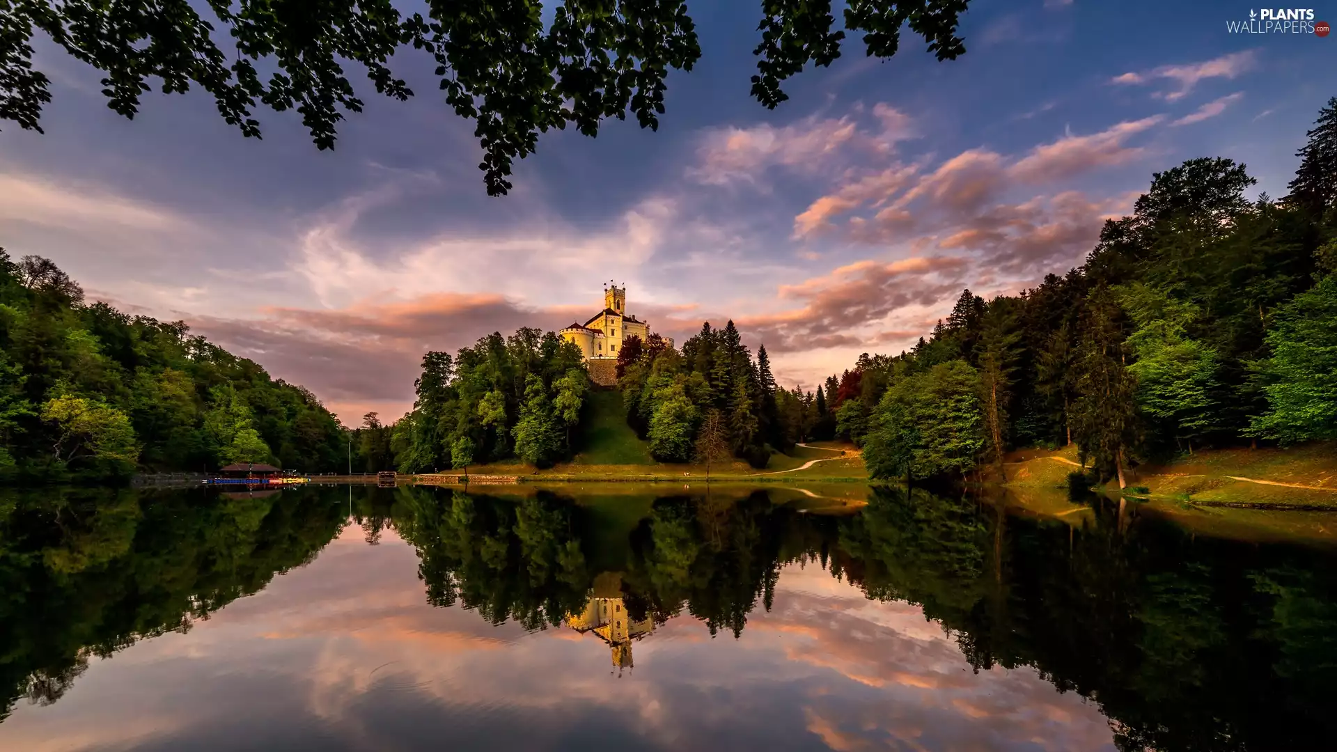 lake, Coartia, viewes, clouds, trees, Trakoscan Castle