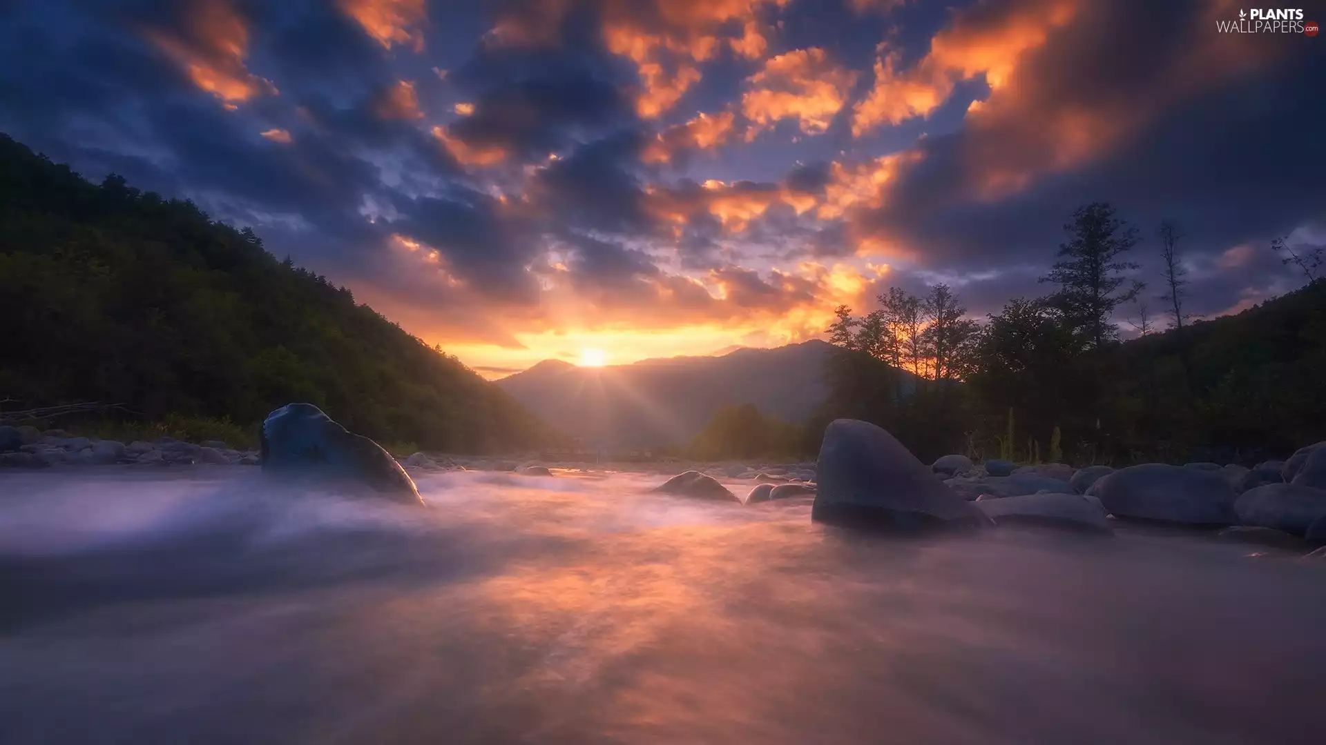 Stones, Mountains, viewes, Great Sunsets, River, trees, clouds