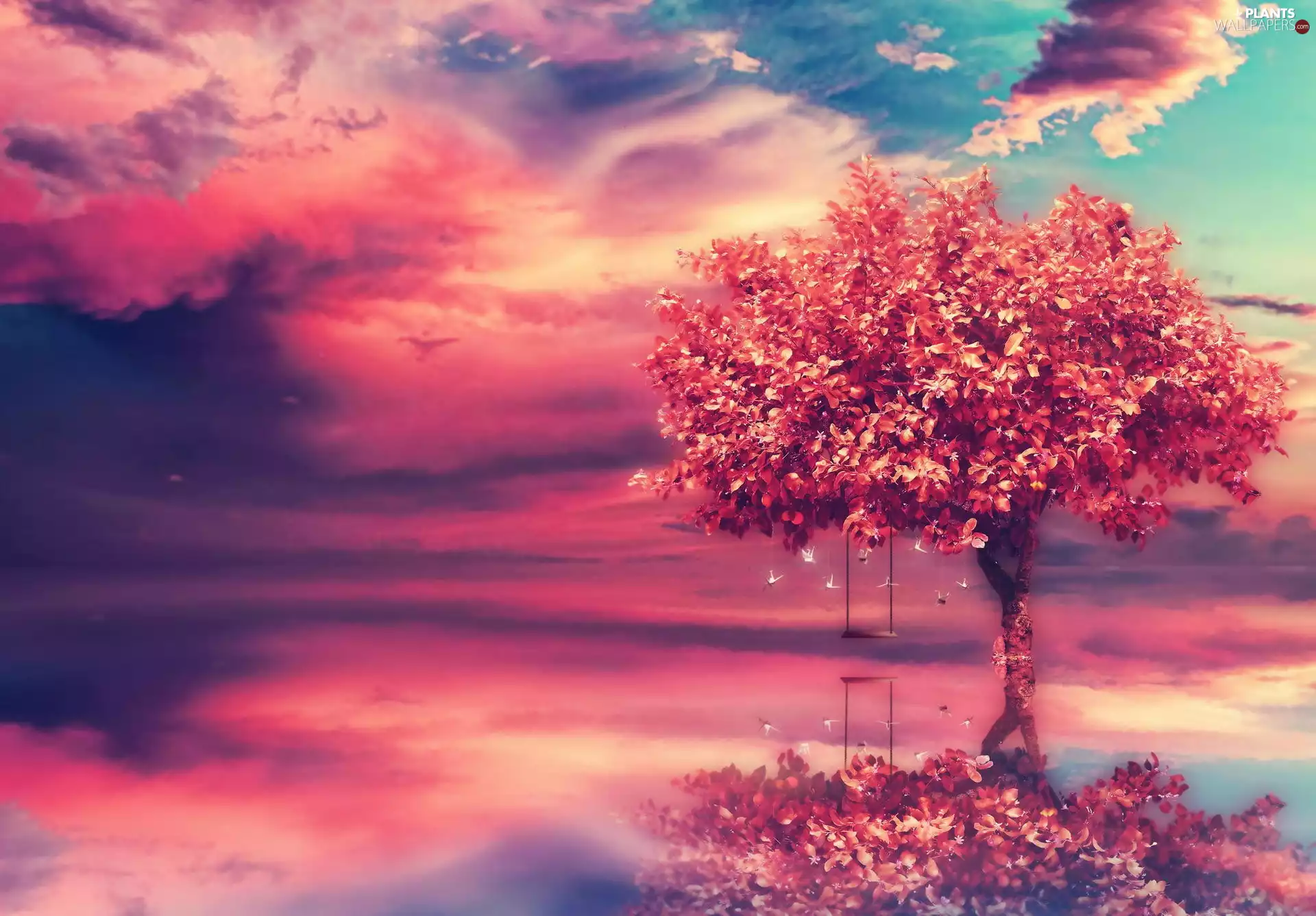 Sky, clouds, water, Swing, trees