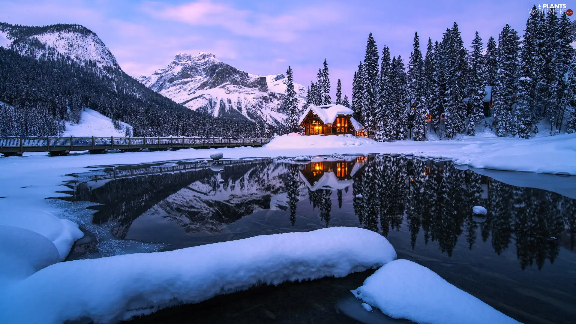 trees, Mountains, viewes, bridge, house, British Columbia, Emerald Lake, Yoho National Park, Canada, lake, Floodlit, winter