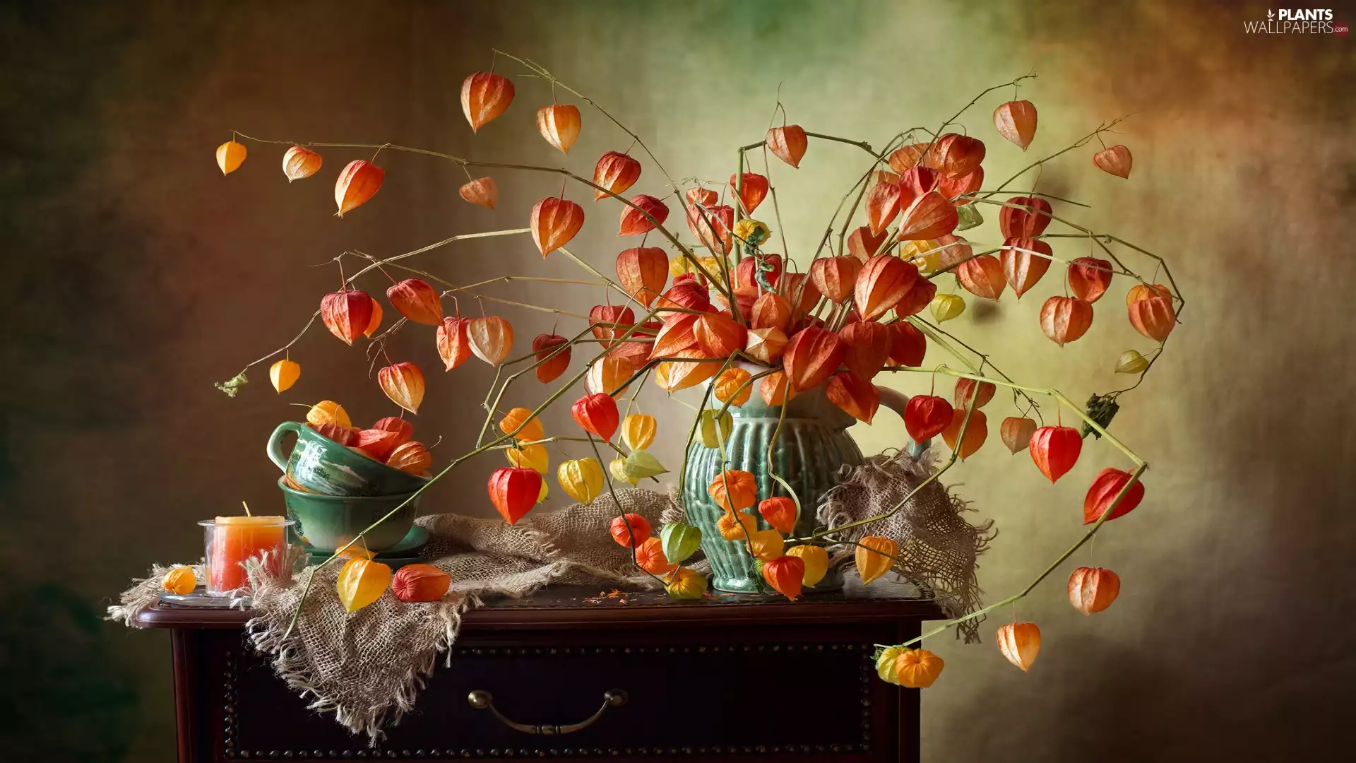 Candle, composition, Vase, table, Tomatillo