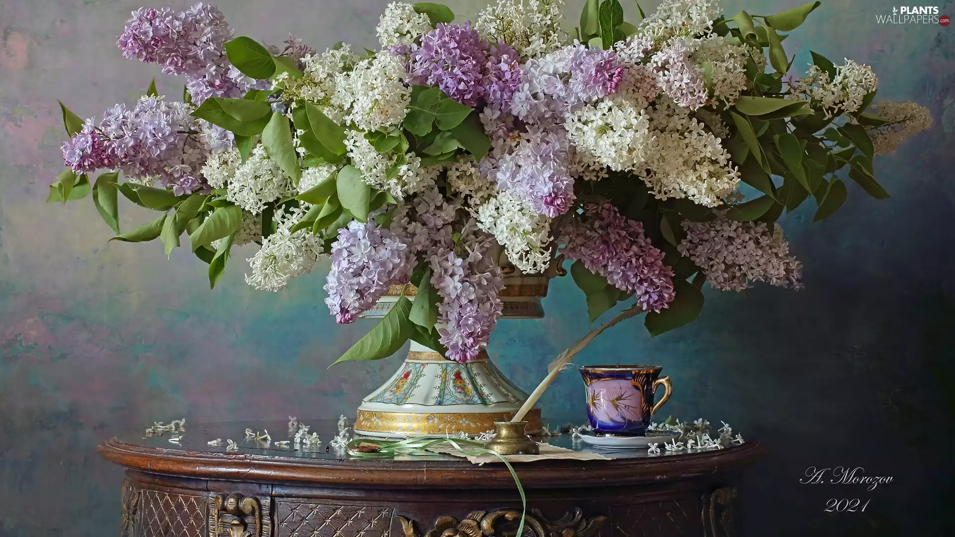 Vase, Flowers, Table, composition, cup, without