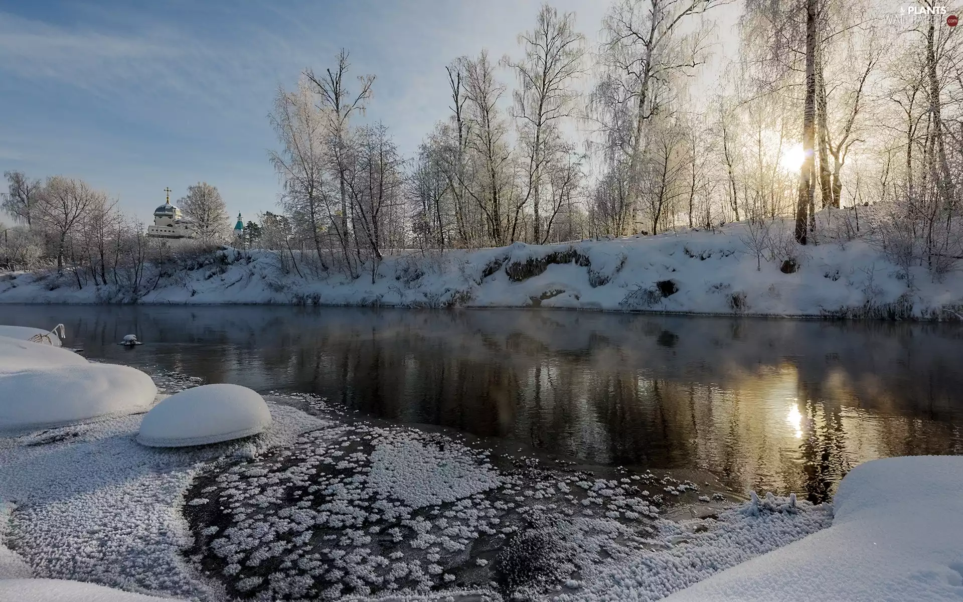 frosty, trees, sun, viewes, Cerkiew, River, winter, copula