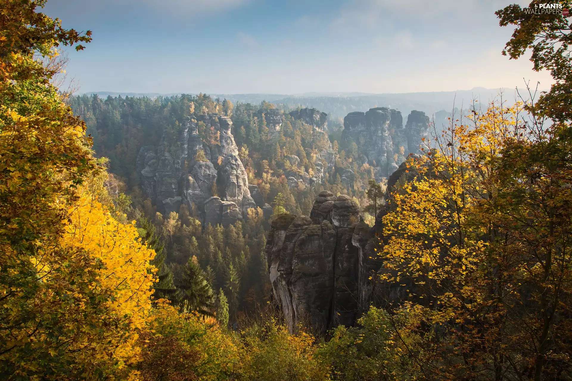 Bastei Rock Formation, Děčínská vrchovina, viewes, Saxon Switzerland National Park, Germany, trees, autumn
