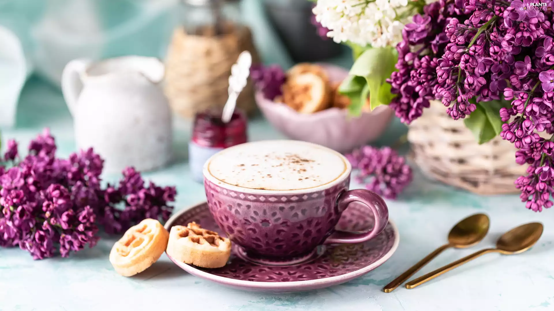 coffee, Flowers, little doggies, waffles, cup, without