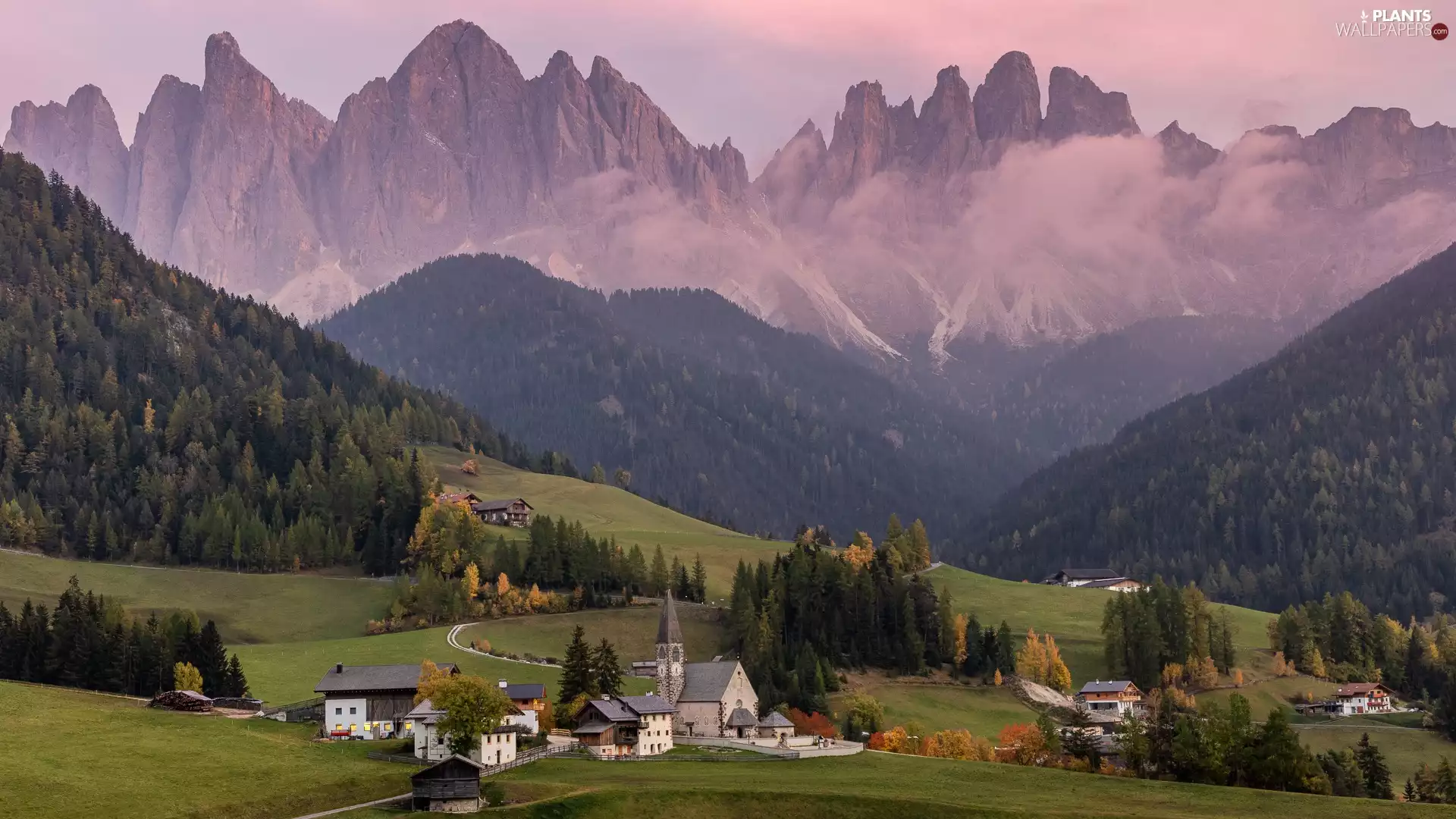 Santa Maddalena, Italy, Val di Funes Valley, Dolomites Mountains, Houses, Fog, trees, viewes, The Hills
