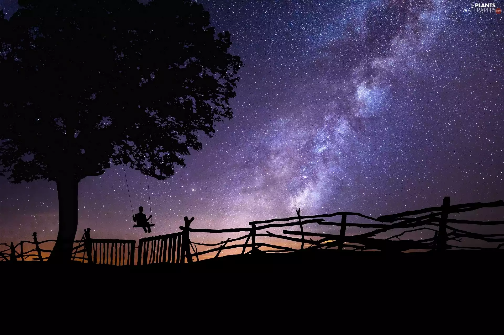 Star way, Night, Fance, Swing, trees, star