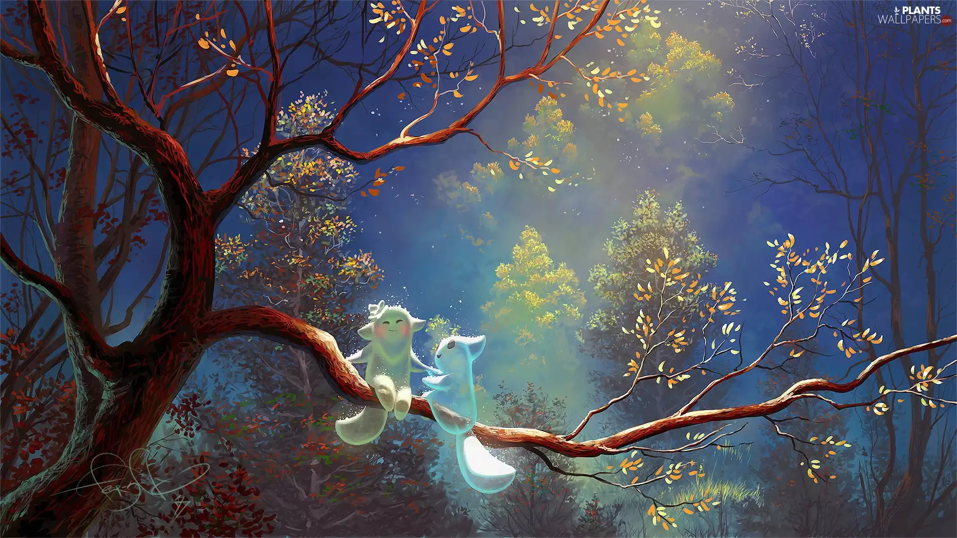 trees, forest, sprites, fantasy, animals, Night